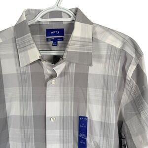 Apt 9 Premier Flex Slim Fit Button Up Shirt Mens 17 34/35 Gray Plaid Long Sleeve
